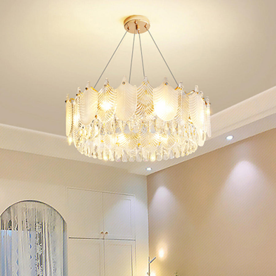 Round Feather Transparent Crystal Hanging Chandelier