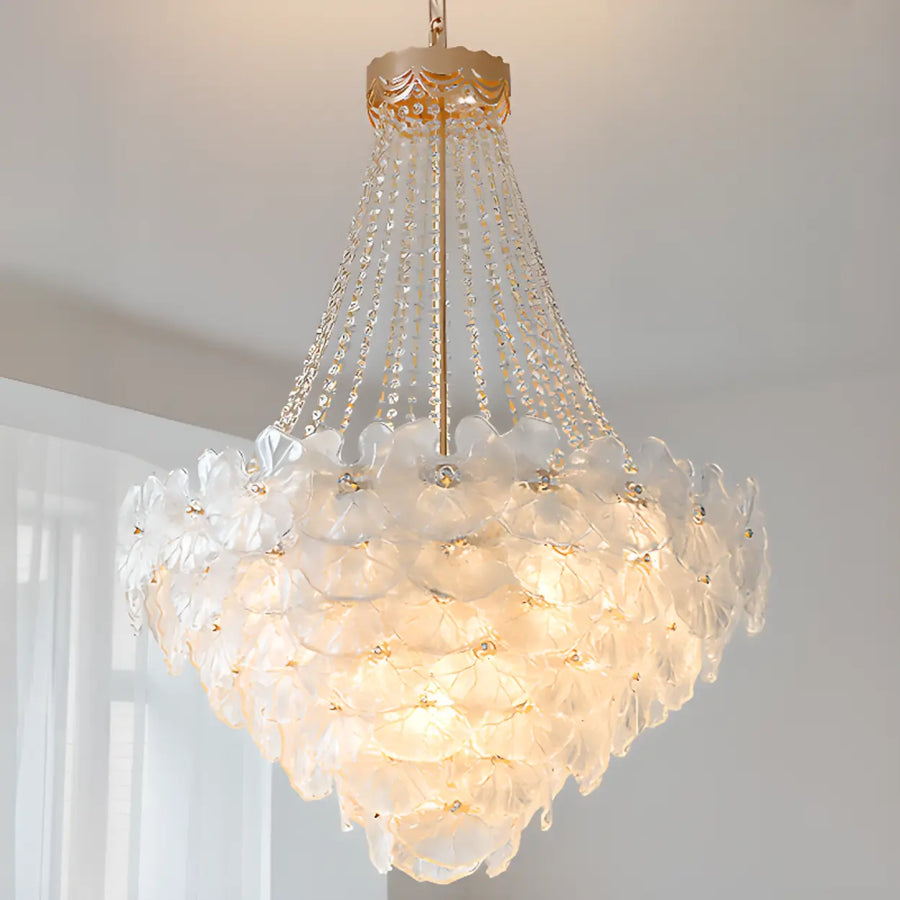 Flower White Frosted Glass Crystal Beads Tiered Chandelier