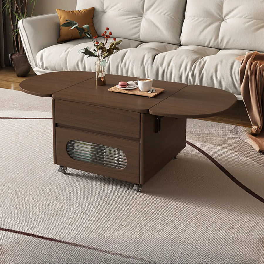 Foldable Oval Brown Wood Drawer Coffee Table with Wheel