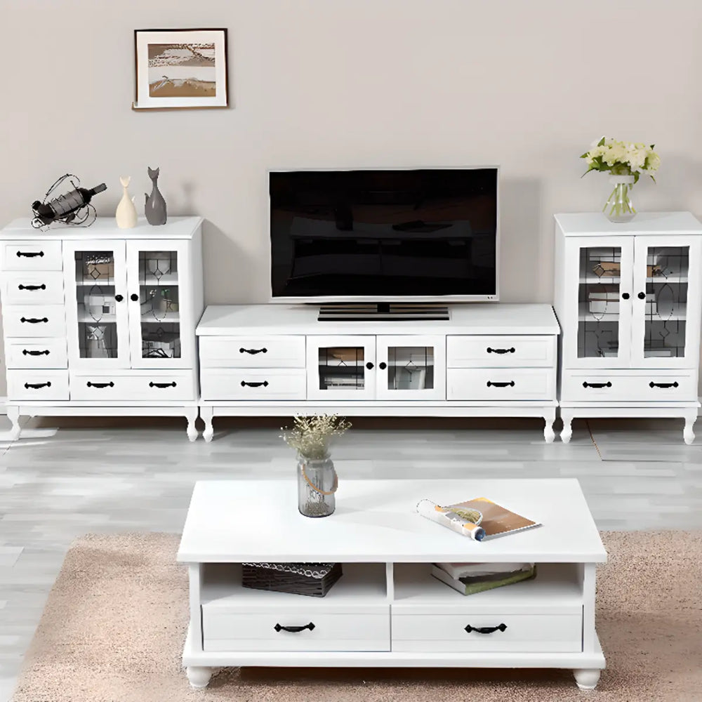 French Country Matte White Wood Rectangle Wood TV Stand