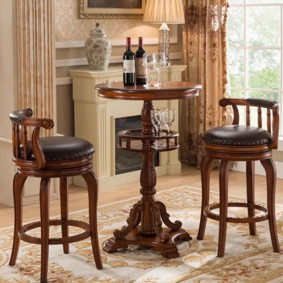 French Country Small Round Wooden Bar Table with Shelf