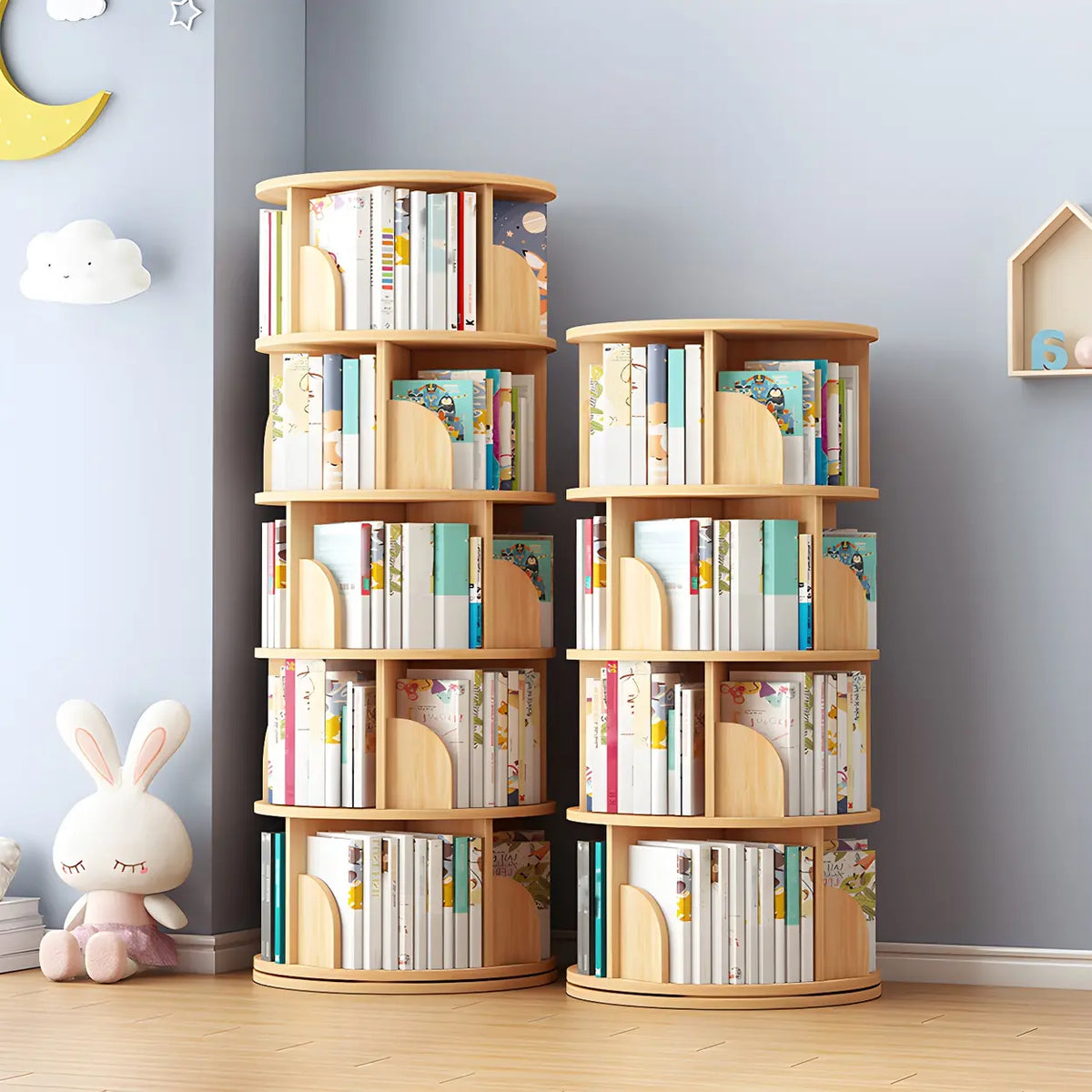 Geometric Open Storage Wood Rotating Round Bookshelf