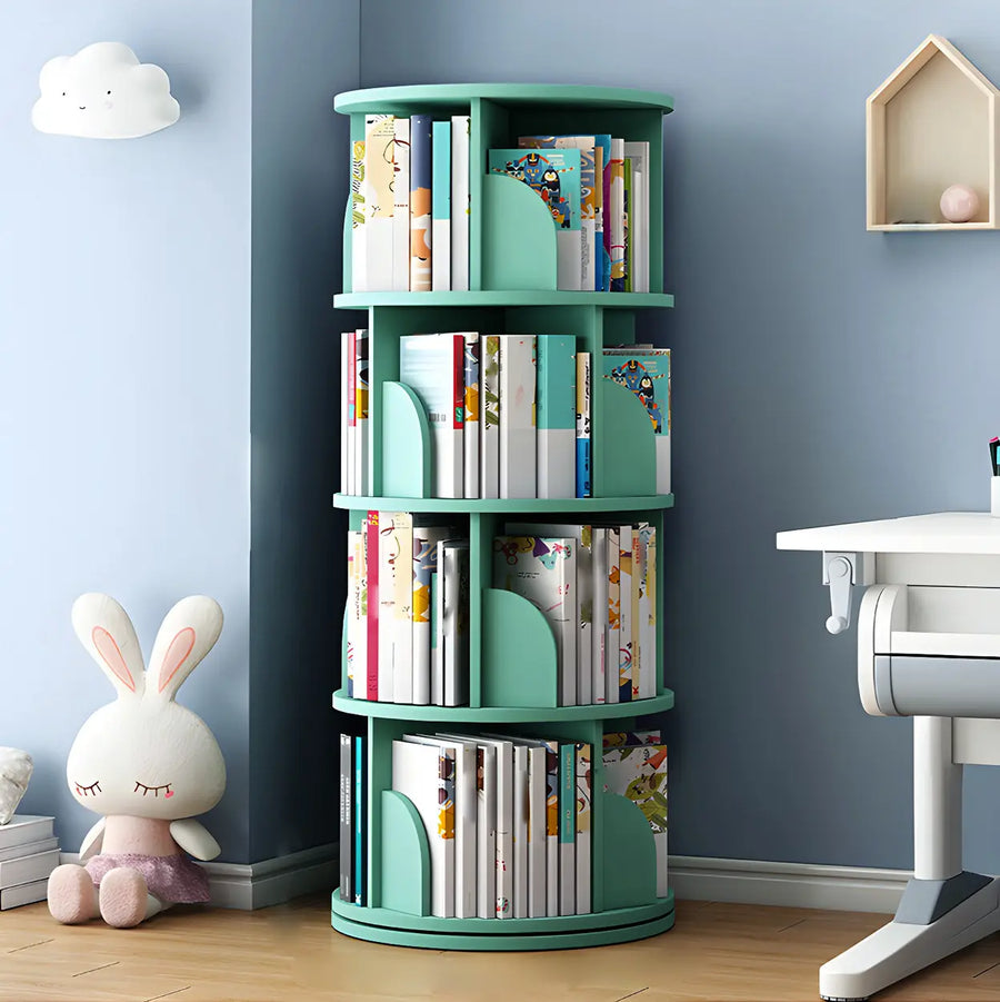 Geometric Open Storage Wood Rotating Round Bookshelf