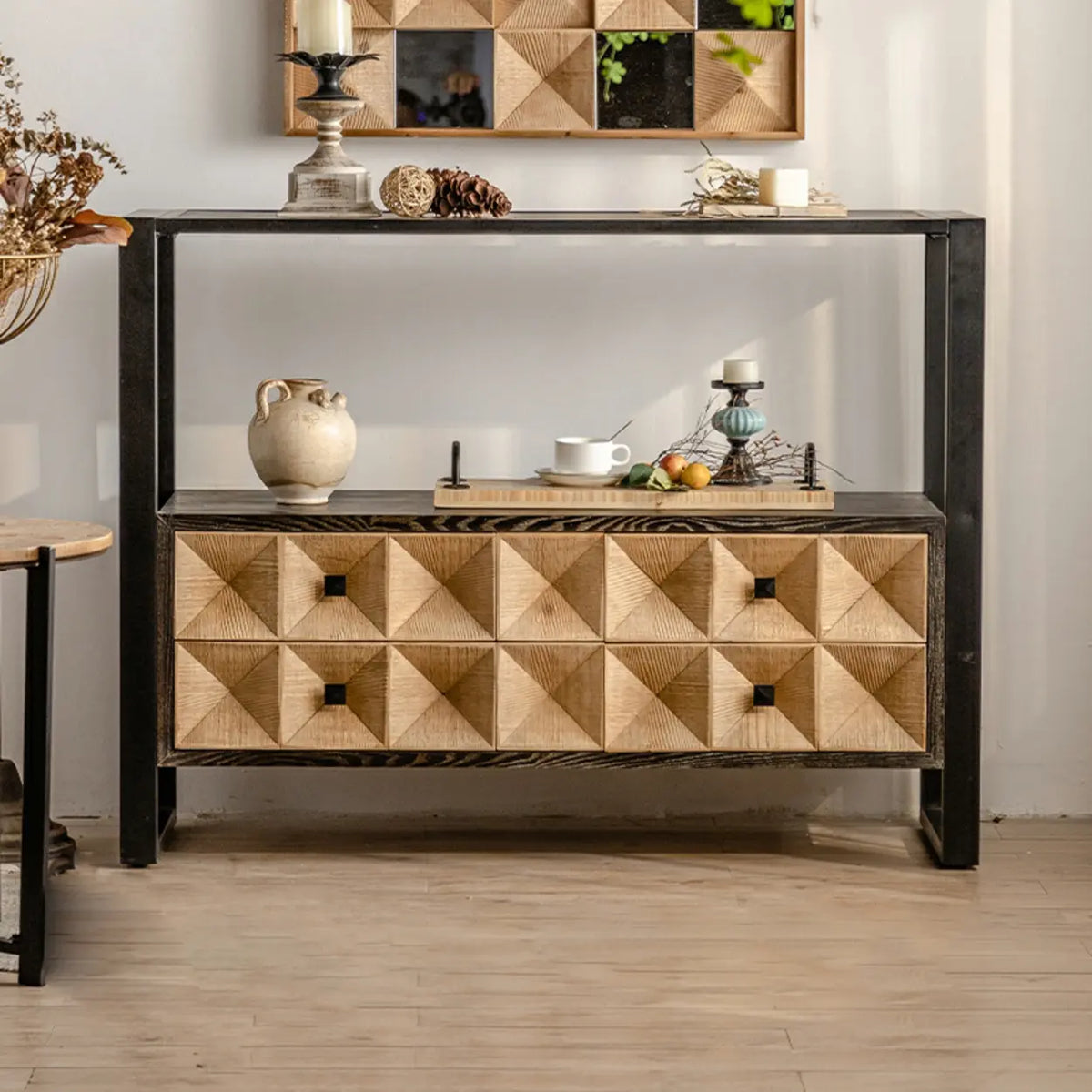 Geometric Wood Black Console Table with Storage Drawers