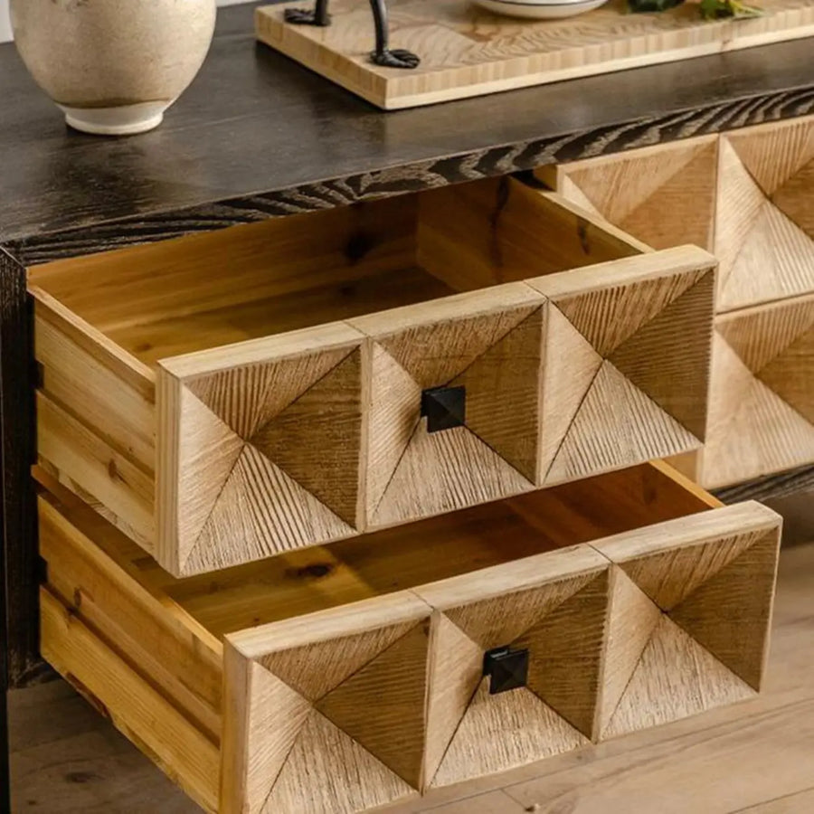 Geometric Wood Black Console Table with Storage Drawers
