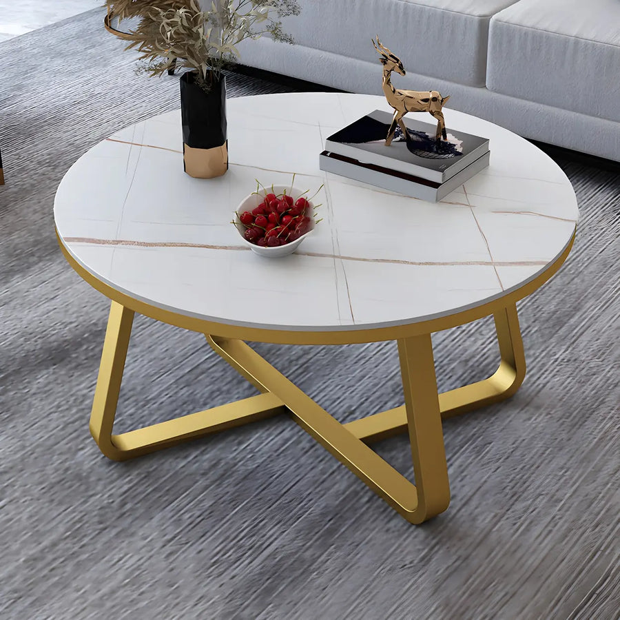Glam Black Stone Round Metal Cross Legs Coffee Table