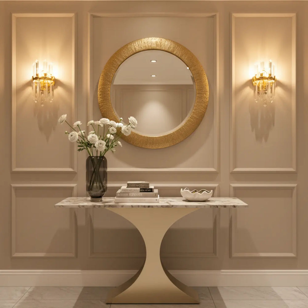 Glam Entryway Rectangular Stone Gold Curve Base Console Table