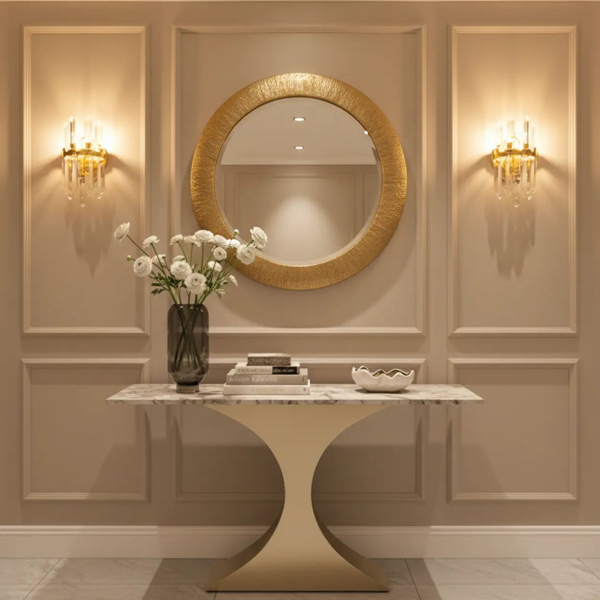 Glam Entryway Rectangular Stone Gold Curve Base Console Table