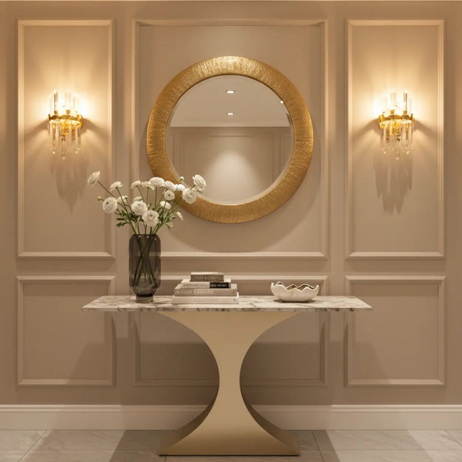 Glam Entryway Rectangular Stone Gold Curve Base Console Table