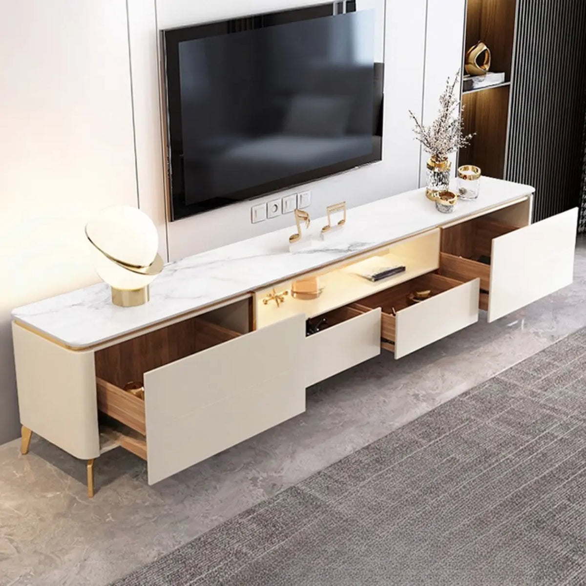 Glam Stone Open Storage Drawers Rectangle TV Stand