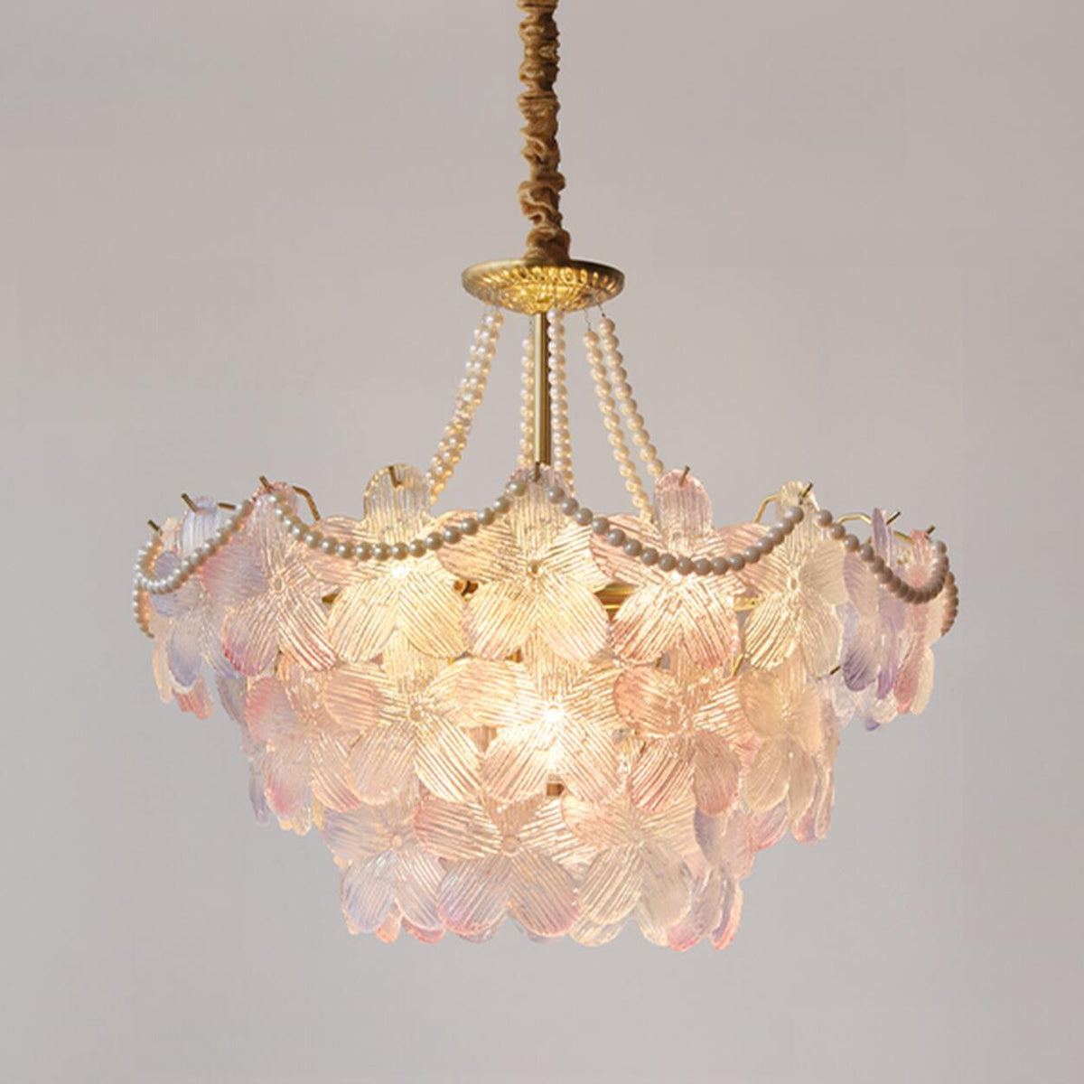 Gold Floral Clear Glass Chandelier, Adjustable Height