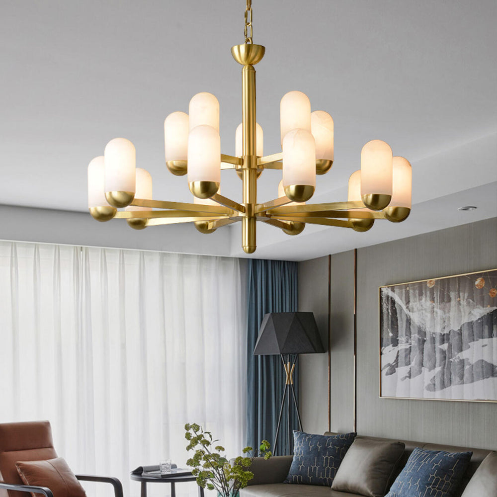Modern Gold Alabaster Cylindrical Branching Chandelier
