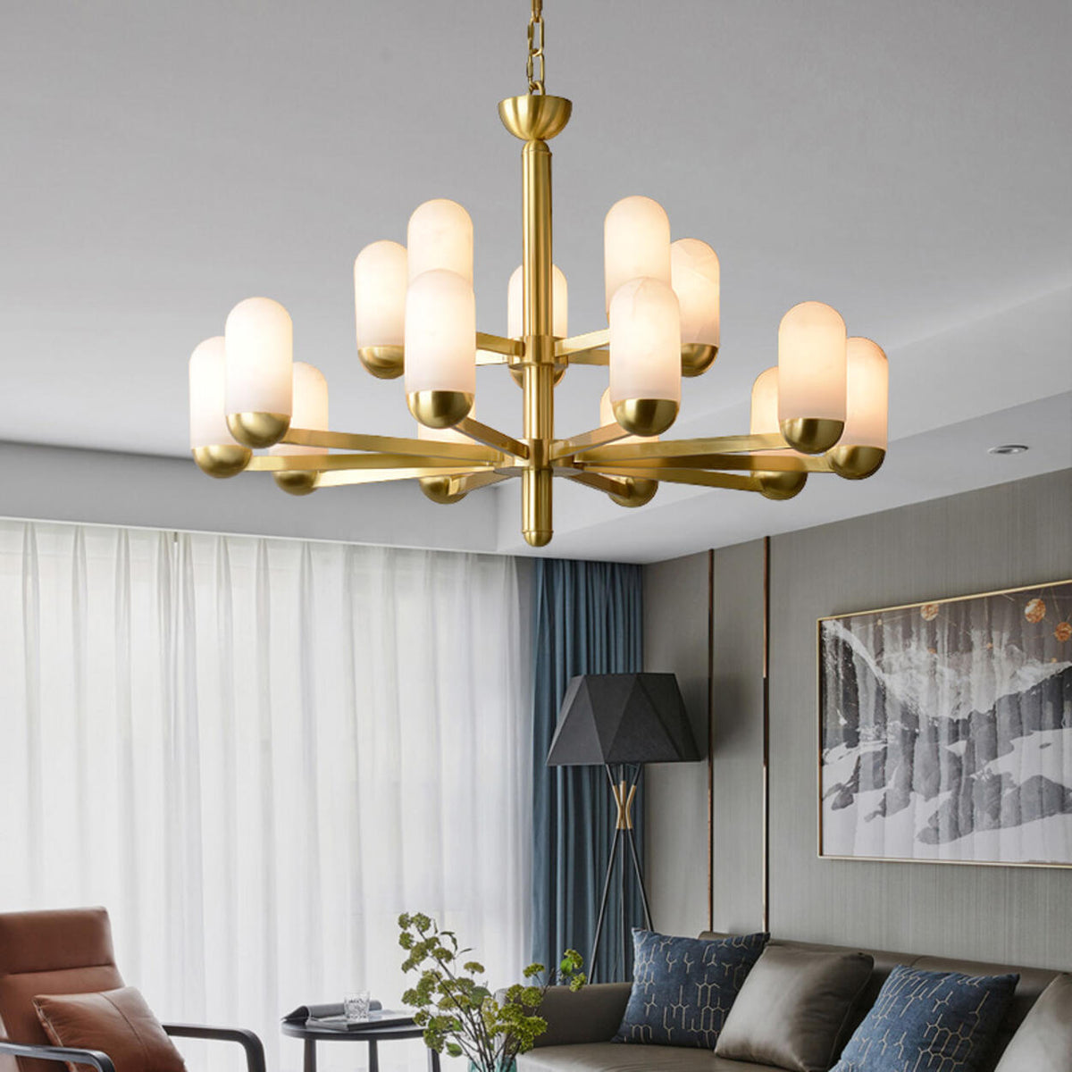 Modern Gold Alabaster Cylindrical Branching Chandelier