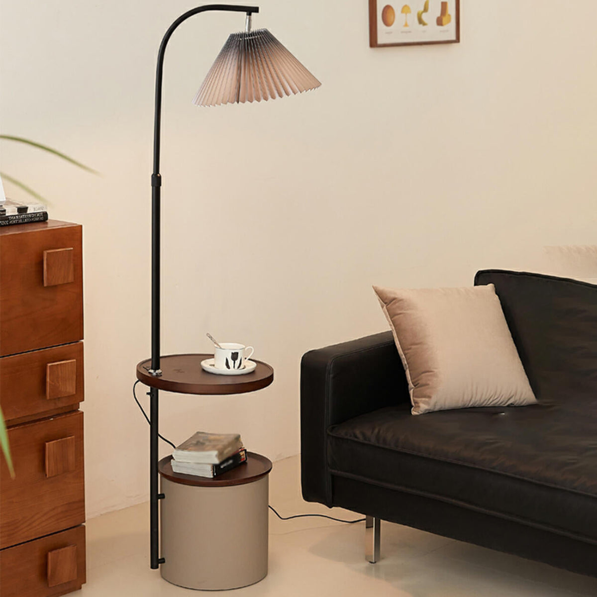 Gray Pleated Shade Multifunctional Shelf Floor Lamp