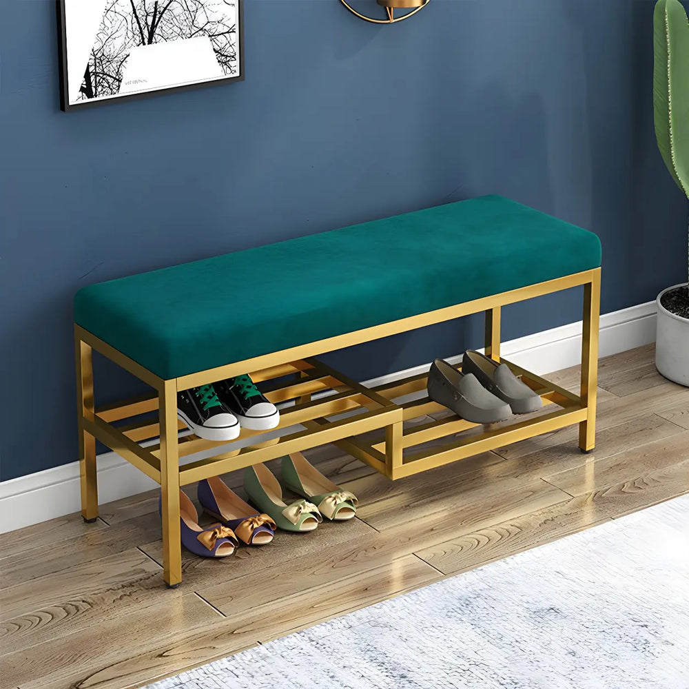 Green Velvet Metal Frame Entryway Bench with Shelves