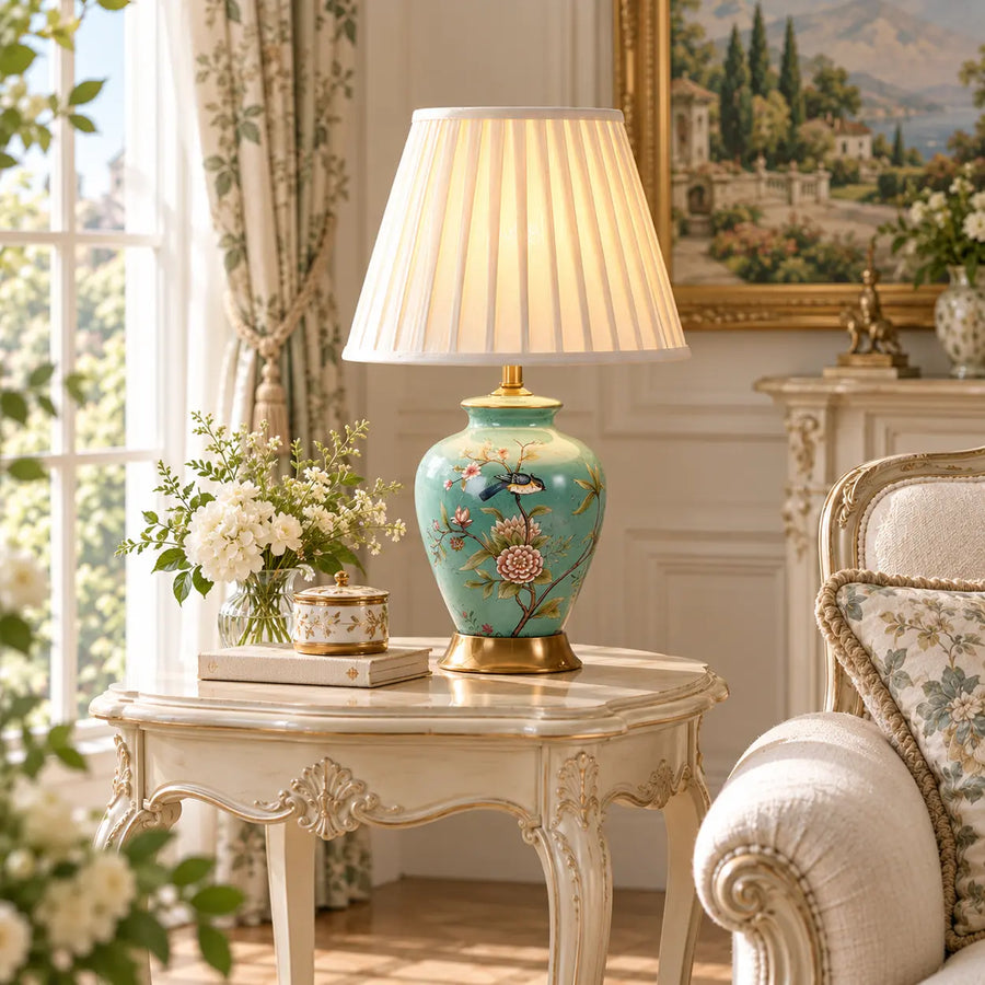 Sleepwyn Elegant Pleated Fabric Floral Ceramic Base Table Lamp