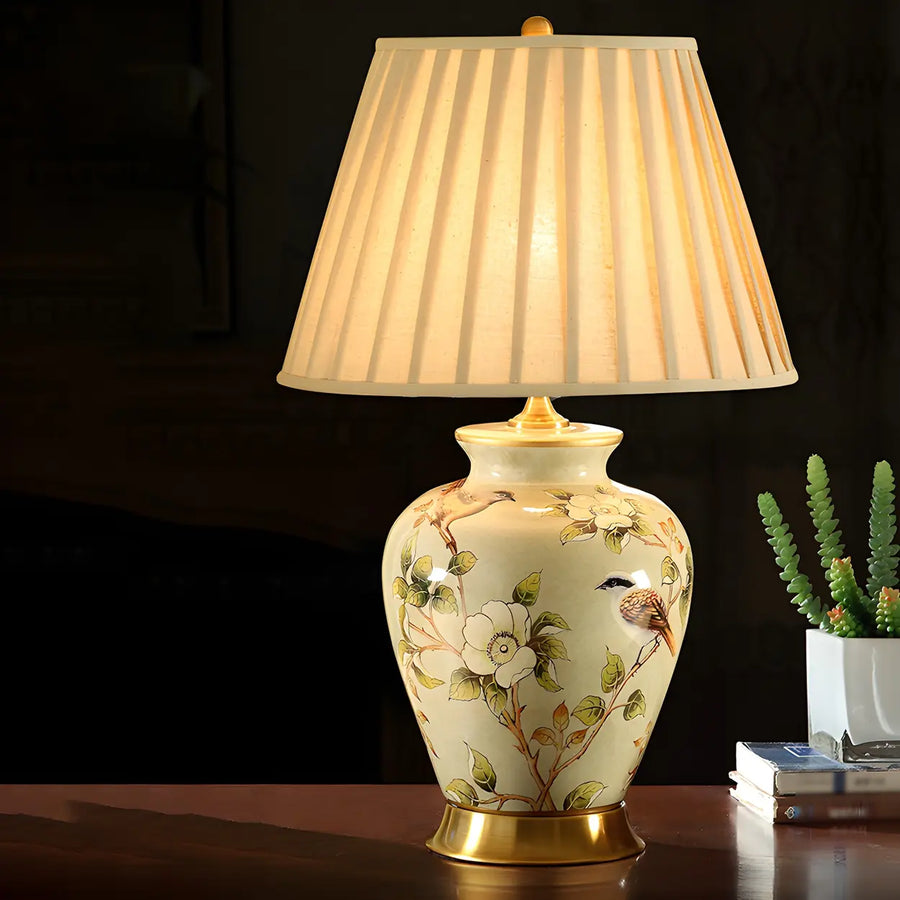 Sleepwyn Elegant Pleated Fabric Floral Ceramic Base Table Lamp