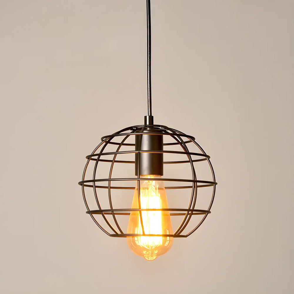 Industrial Black Metal Wire Caged Cord Pendant Light