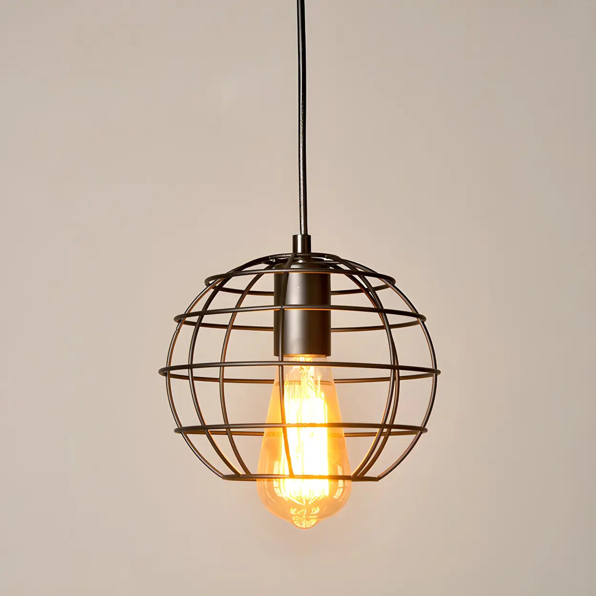 Industrial Black Metal Wire Caged Cord Pendant Light