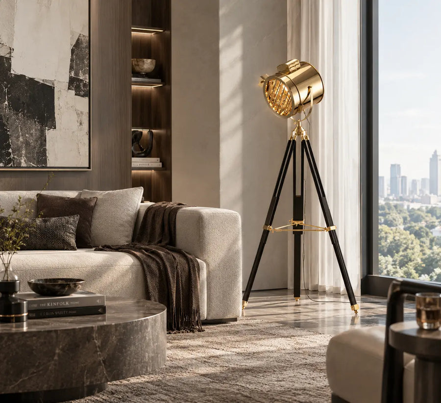 Industrial Tripod Metal Rotatable Gold LED Floor Lamp