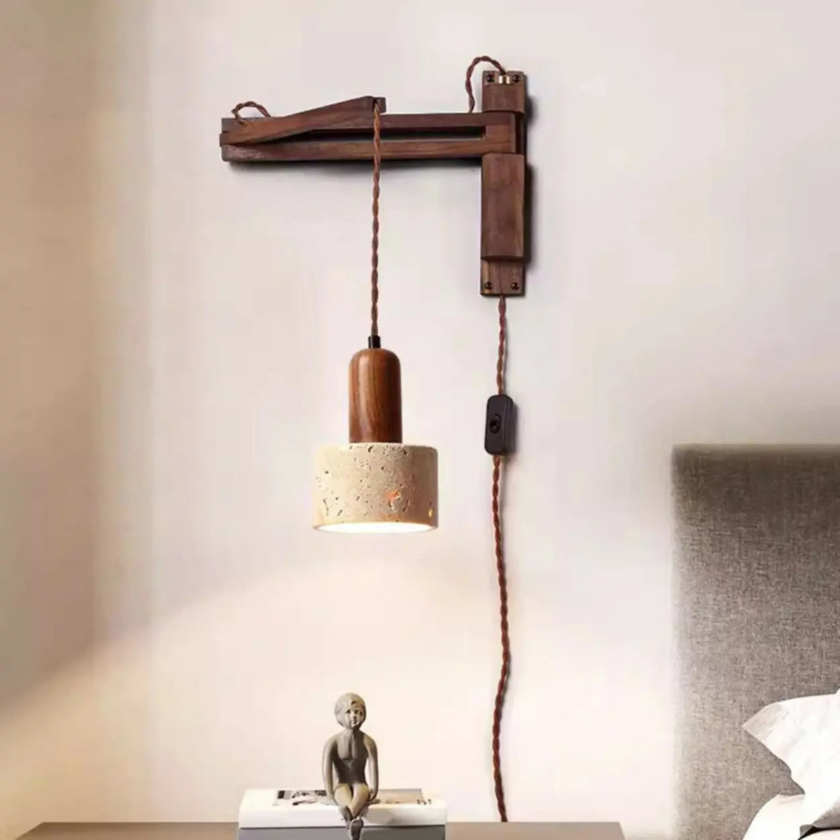 Industrial Walnut Wood Dome Swing Arm Wall Sconce