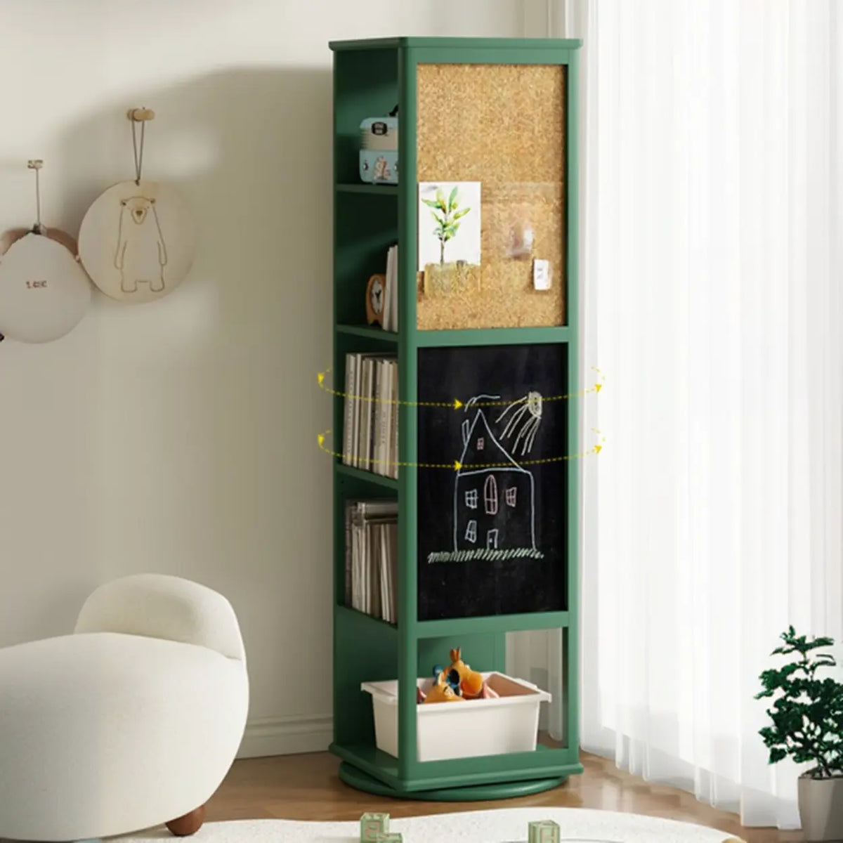 Kids Narrow Vertical Corner Rotating Wood Bookshelf Tower
