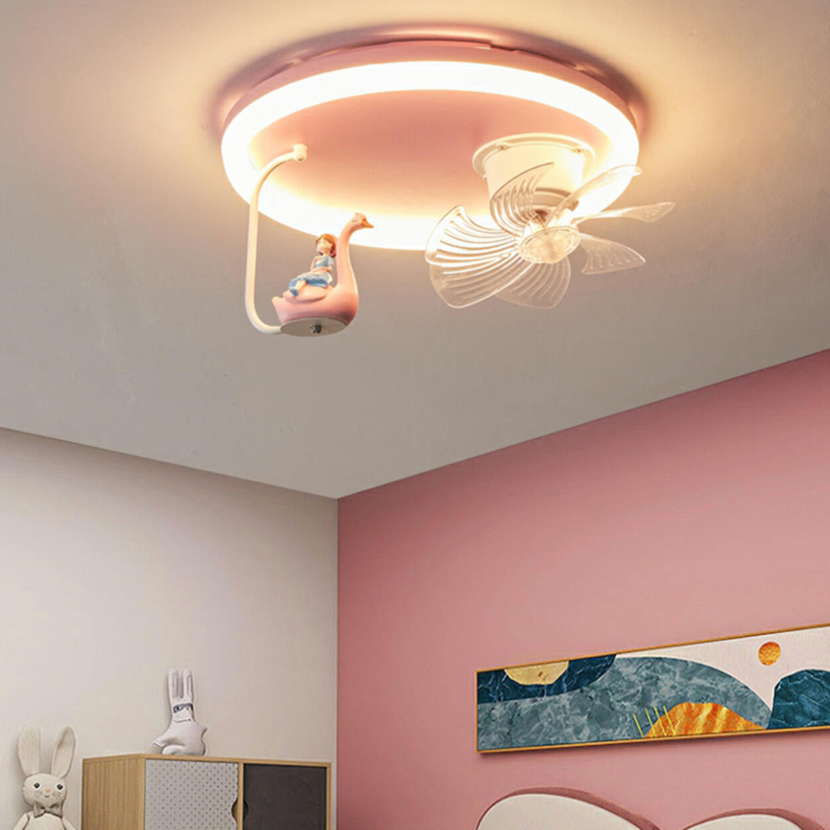 Kids Room Pink Cute Round Ceiling Fan with LED Light
