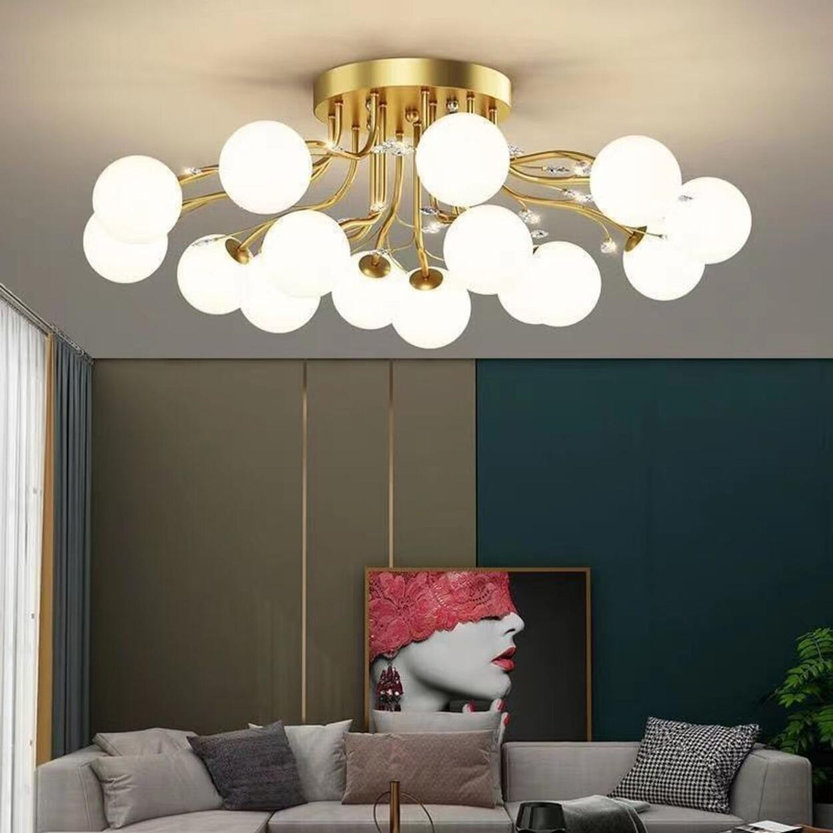 Large Multi-Globe Gold Semi-Flush Mount Light 15-Light
