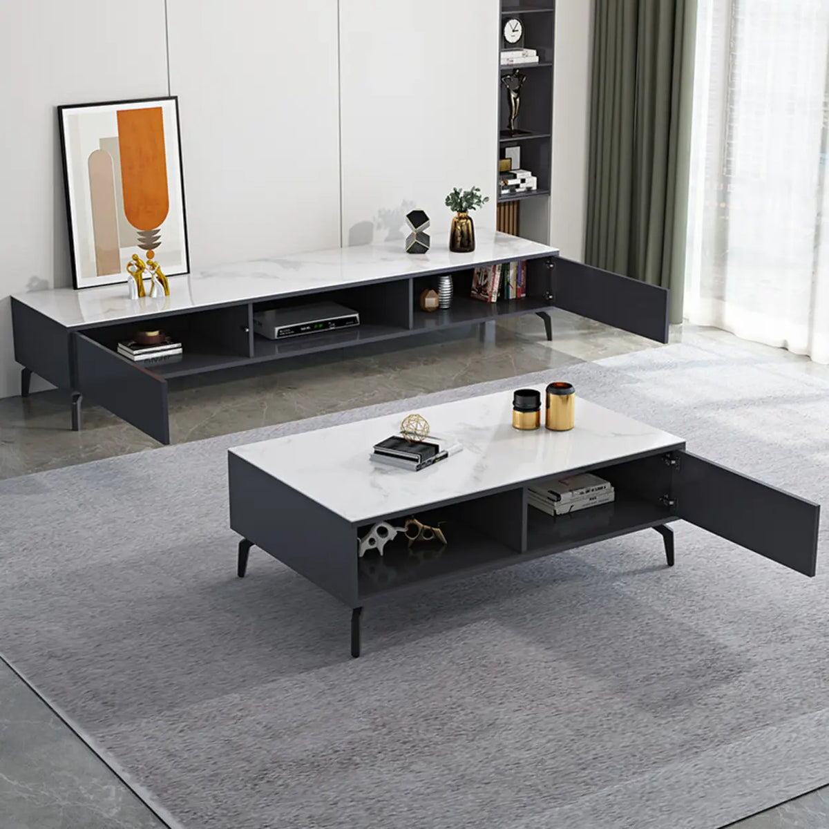 Living Room Black Glass Open Storage Cabinet TV Stand
