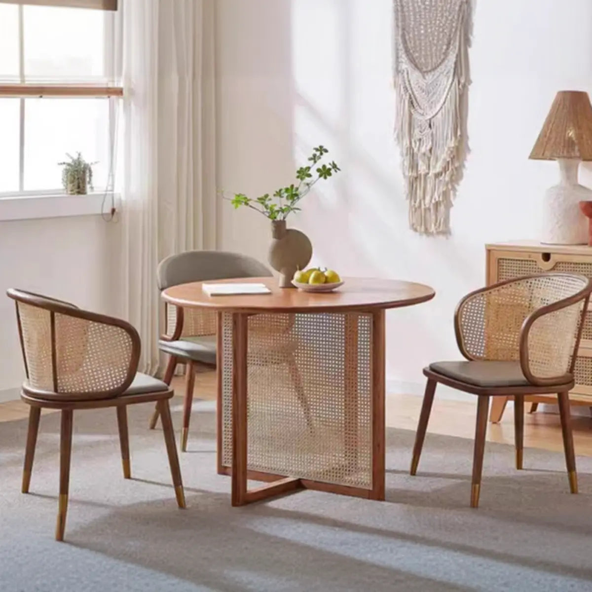 Living Room Curved Rattan Back Dining Chairs Brown