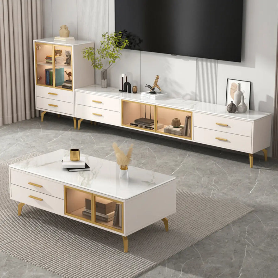 Living Room White Stone Cabinet Drawers Long TV Stand