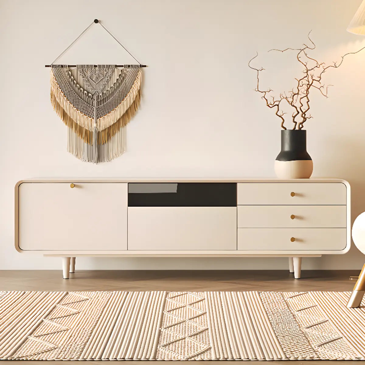 Living Room White Wood Enclosed Storage Long TV Stand