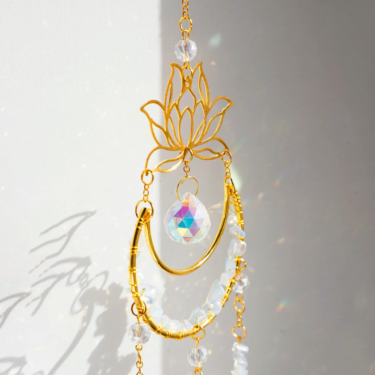 Crystal Lotus Suncatcher with Moon Pendant