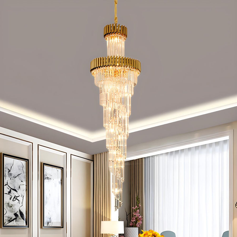 Luxury Gold Spiral Tiered Crystal Prism Chandelier