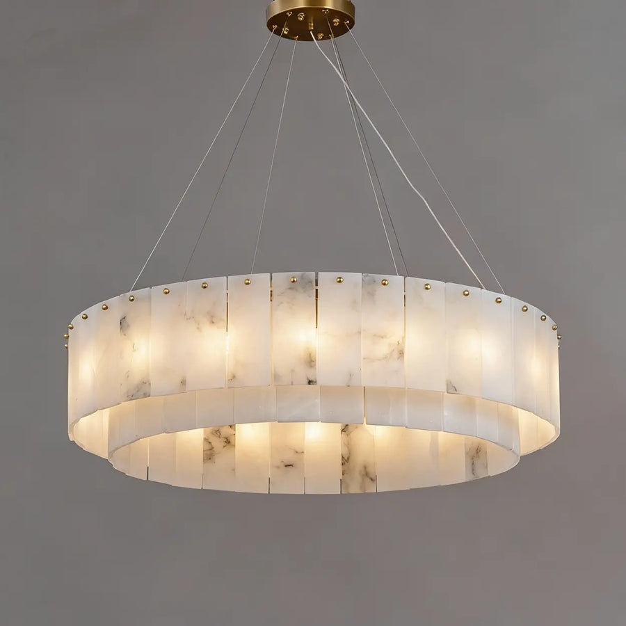Luxury Tiered Brass and Alabaster Circular Hanging Chandelier