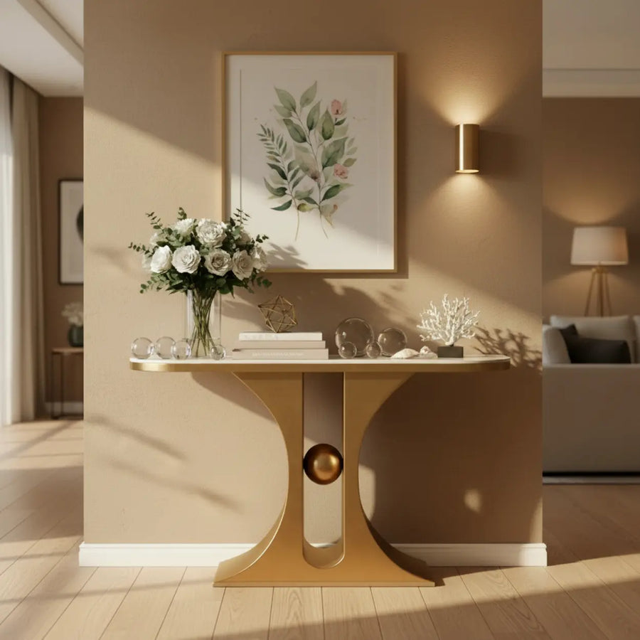 Marble Top Console Table with Geometric Metal Base