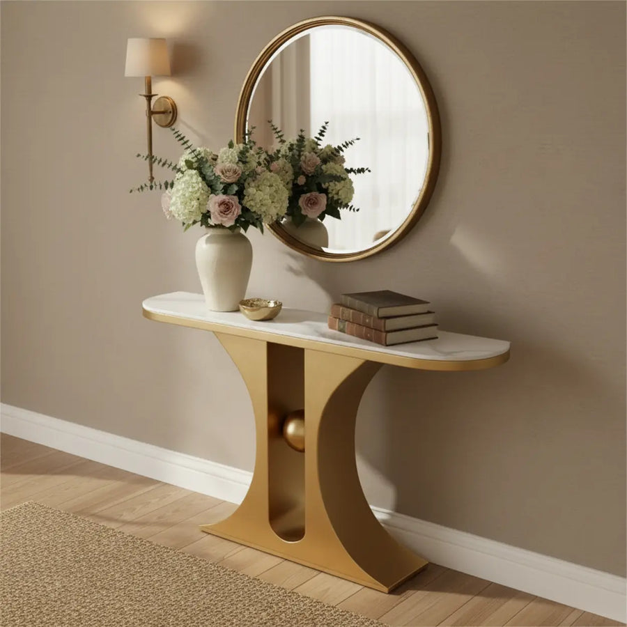 Marble Top Console Table with Geometric Metal Base