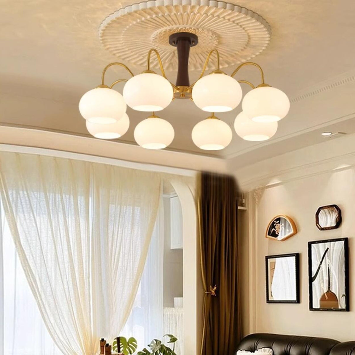 Mid-Century Brass White Glass Drum Chandelier