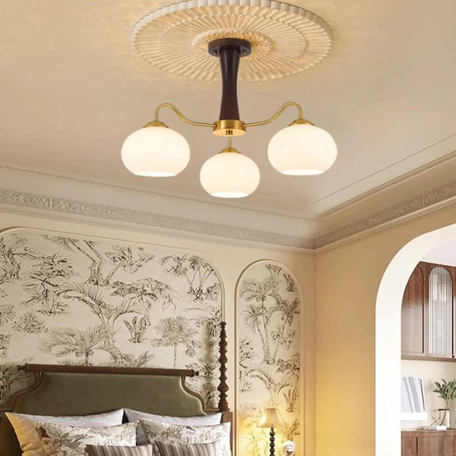 Mid-Century Brass White Glass Drum Chandelier