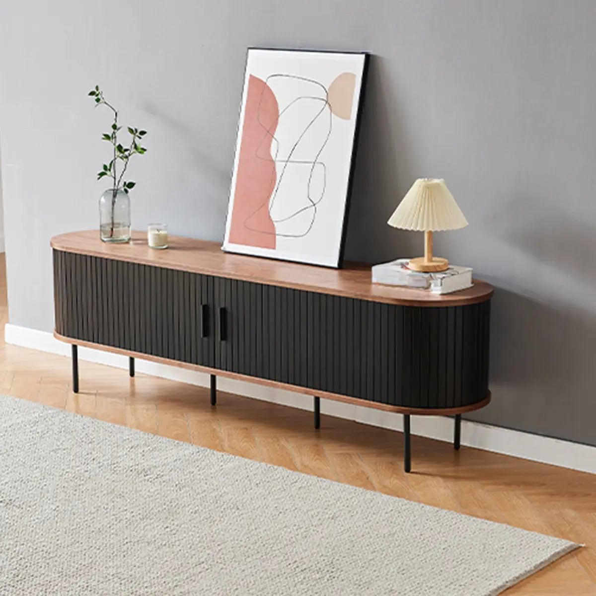 Mid-Century Modern Black Wood TV Stand with Cabinet