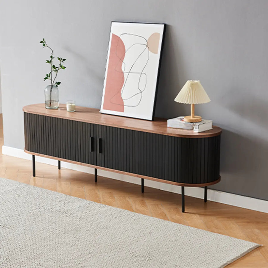 Mid-Century Modern Black Wood TV Stand with Cabinet