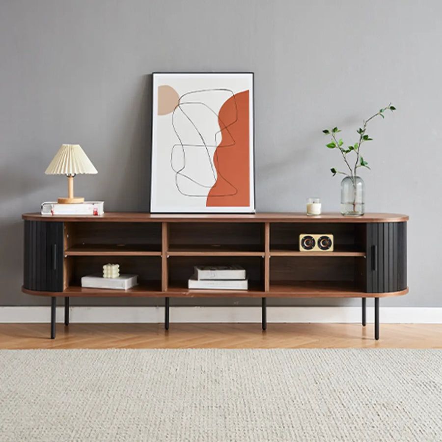 Mid-Century Modern Black Wood TV Stand with Cabinet