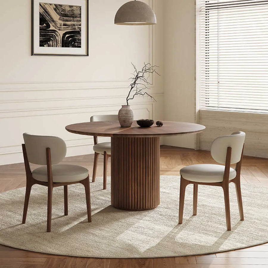 Mid-Century Modern Fluted Pedestal Round Wood Dining Table