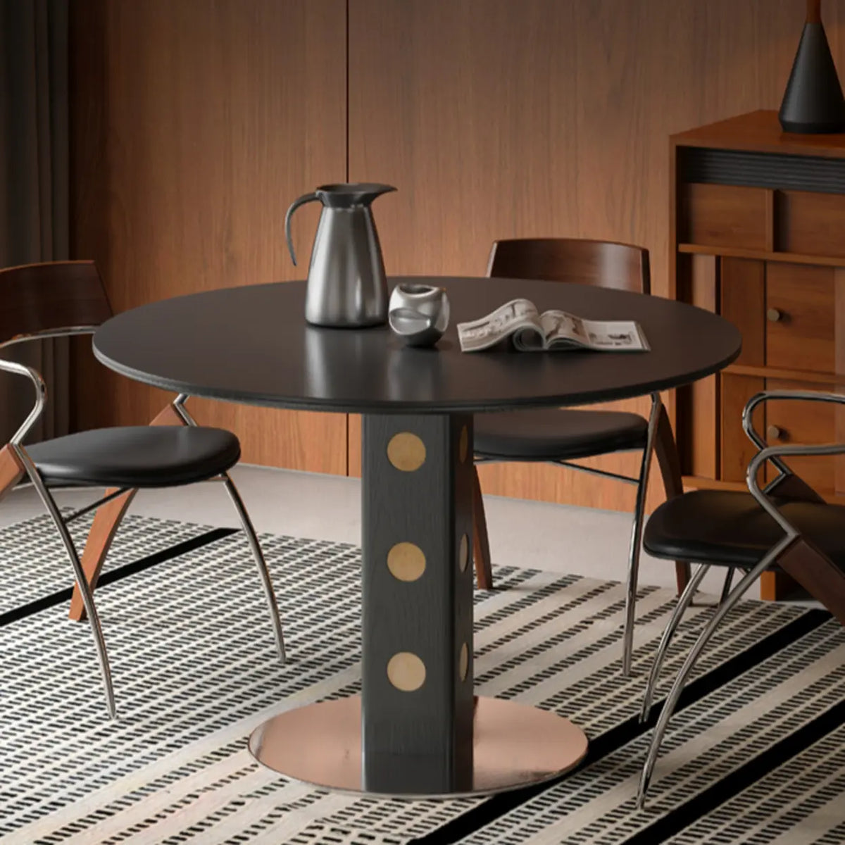 Mid-Century Modern Round Black Wood Pedestal Dining Table