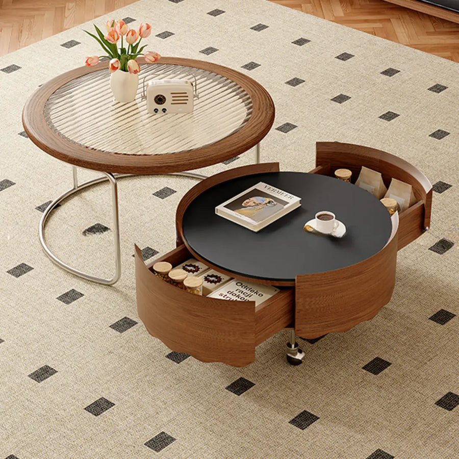 Mid-Century Modern Round Coffee Table with Drawer & Wheel