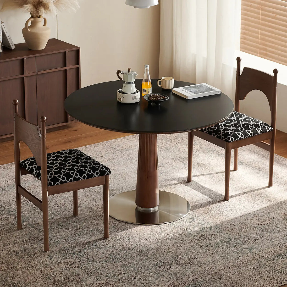 Mid-Century Modern Round Stone Top Wood Pedestal Dining Table