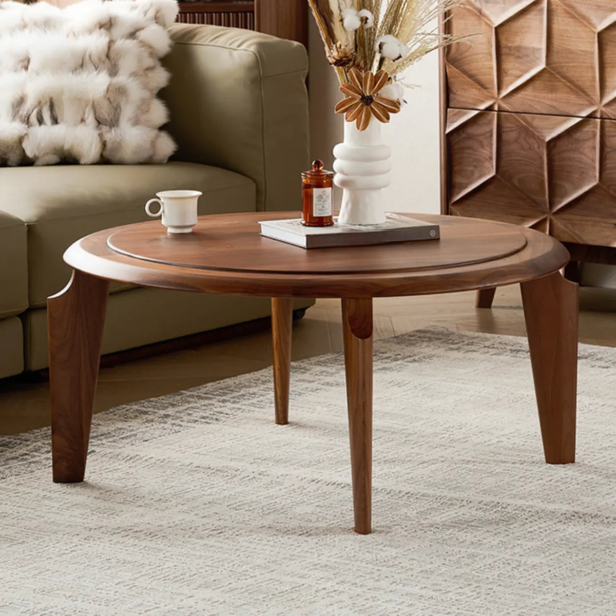 Mid-Century Modern Solid Walnut Wood Round Coffee Table