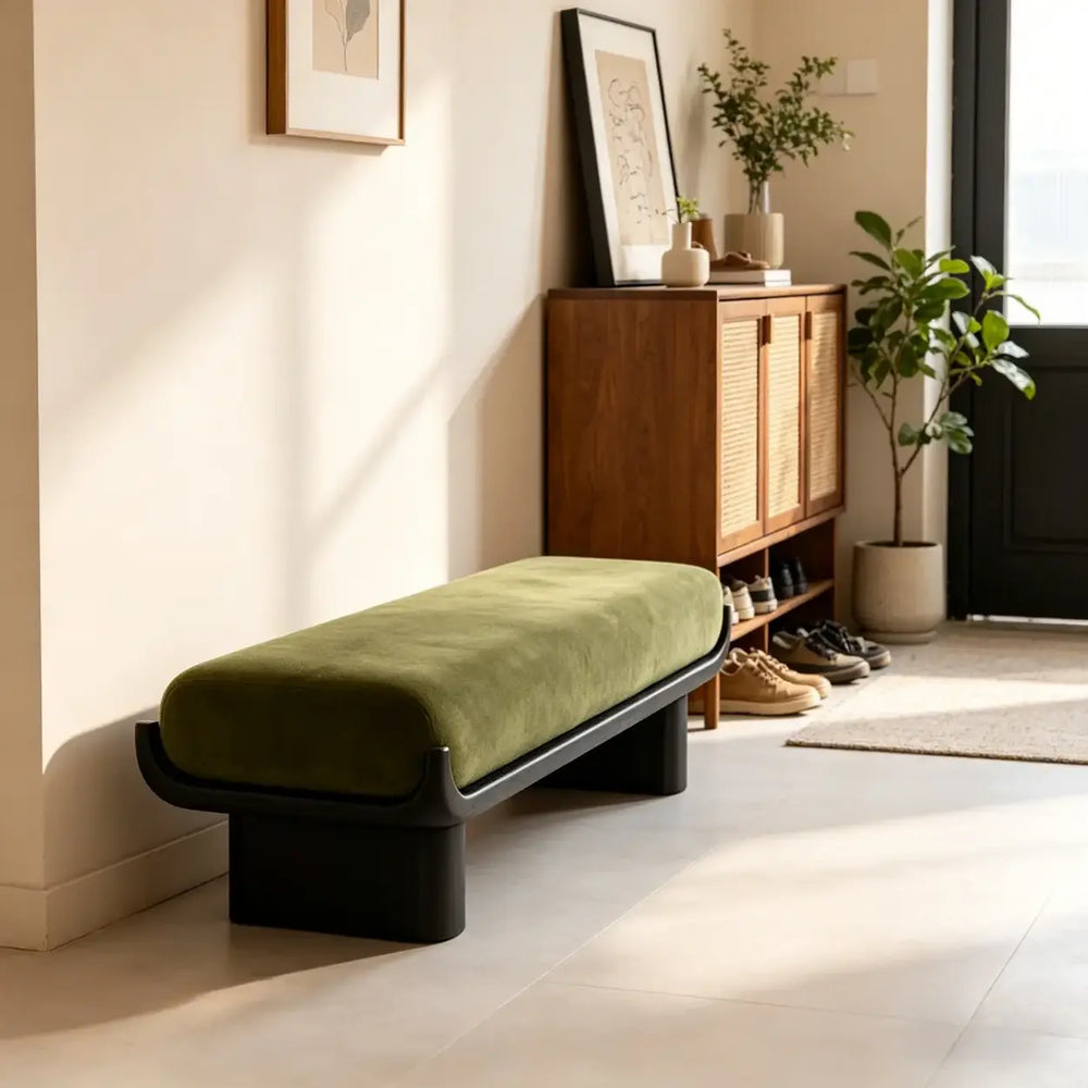 Mid-Century Modern Solid Wood Upholstered Bedroom Bench