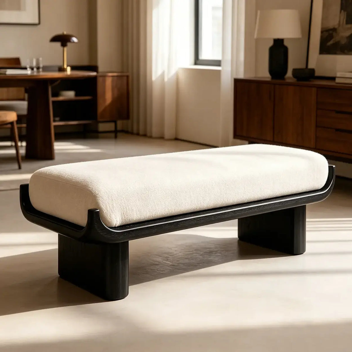 Mid-Century Modern Solid Wood Upholstered Bedroom Bench