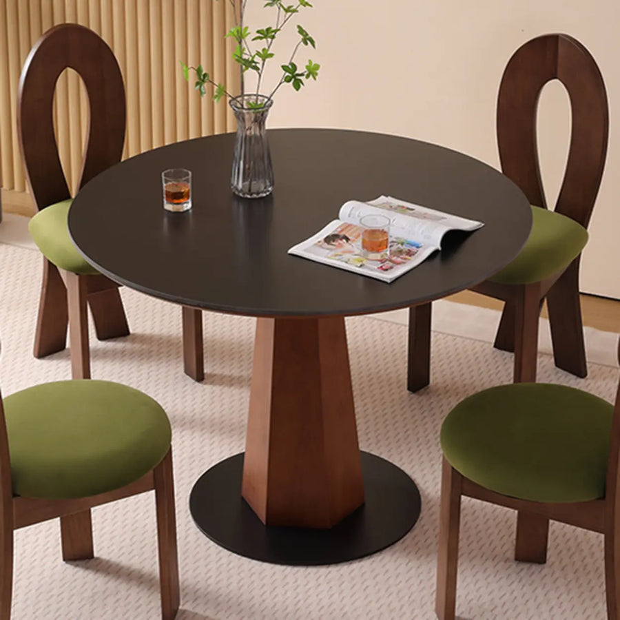 Mid-Century Modern Stone Round Wood Pedestal Dining Table